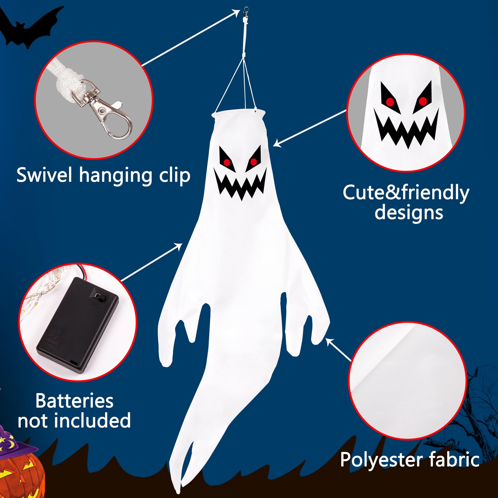 Geefuun 4PCS Warm Light Halloween Fierce Ghost Windsocks Hanging Decorations - 43 Inch Flag Wind Socks for Home Yard Outdoor Dec